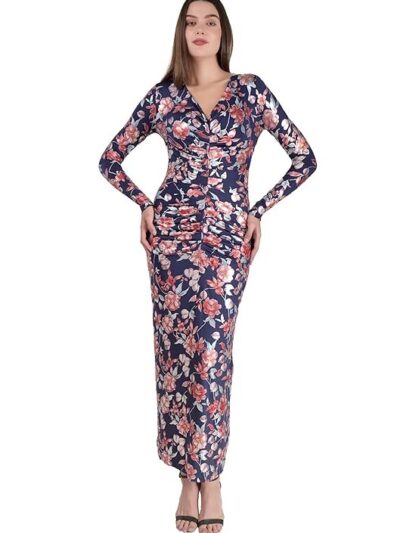 Didoria Luxe Fashion Floral Printed V Neck Full Sleeves Ruched Pleated Maxi Bodycon Party Cocktail Ethnic Indowestern Western Women Dress