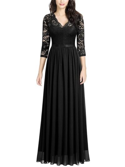MISSMAY Women's Vintage Floral Lace V Neck Evening Bridesmaid Formal Long Dress