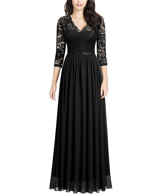 MISSMAY Women's Vintage Floral Lace V Neck Evening Bridesmaid Formal Long Dress