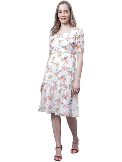 Mini & Ming Women's Off White Floral Printed Square Neck Tiered Midi Dress