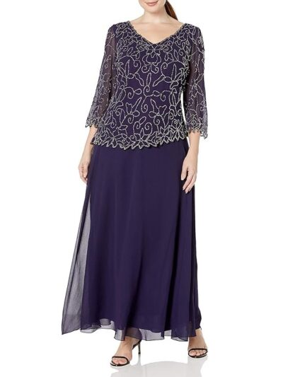 J Kara Plus Size Womens V-Neck with 3/4 Sleeve Long Dress