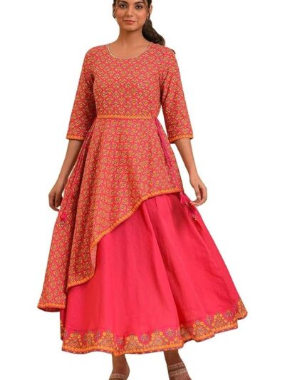 W for Woman Women's Fit and Flare Cotton Printed Asymmetrical Festive Dress Knee-Length