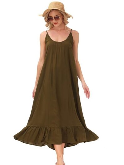 BUENOS NINOS Women's V Neck Floral Maxi Dress Boho Printed Adjustable Spaghetti Strap Ethnic Beach Long Dress with Pockets S Army Green Dress