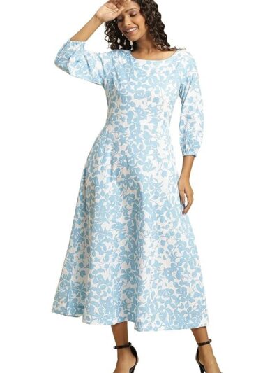 W for Woman Women's Fit and Flare Cotton Blend and Blue Floral Printed Flared Long Dress Calf Length
