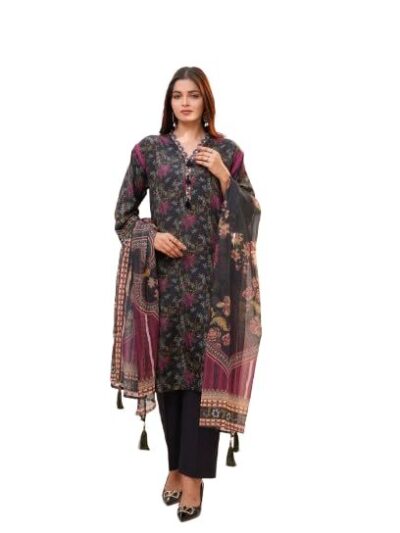 THE COTTON LAWN SHOP Women's 3 Piece Floral Printed Cotton Salwar Suit Dupatta With Embroidered Sleeves Patch lace Dress Material - Black