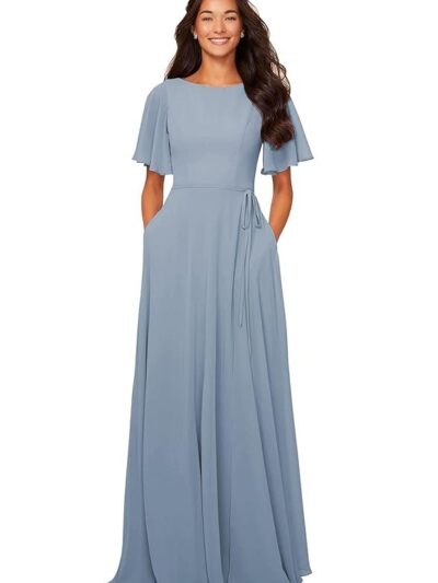 petyoo Flutter Sleeve Bridesmaid Dresses for Wedding Women 2024 Chiffon Prom Formal Dress with Pockets Sash