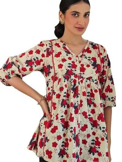 Janasya Women's Cream Pure Cotton Floral Printed A-line Top