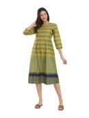 Pink Fort Cotton Striped A-Line Dress - Green