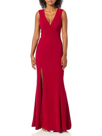 Dress the Population Women's Sandra Plunging Thick Strap Solid Gown With Slit Dress, Garnet, S