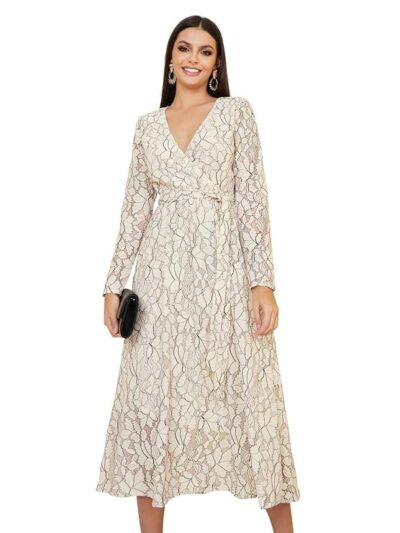 Styli A -Line Midi Dress – Casual Wear with Lace Insert, Self- Tie Belt, and Woven Design. Stylish and Comfortable Everyday Chic Look Dress for Women