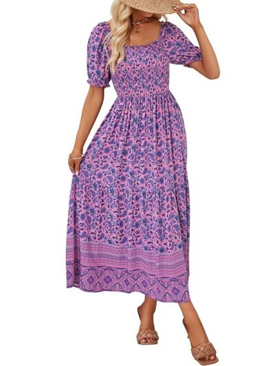 ZESICA Women's Boho Floral Print Ruffle Dress Short Sleeve Square Neck Swing Long Maxi Dress Purple