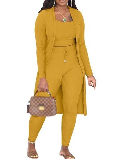 EQQZD Women 3 Piece Lounge Sets Cozy Loungewear Long Sleeve Cardigan Crop Tank Top Pants Outfit