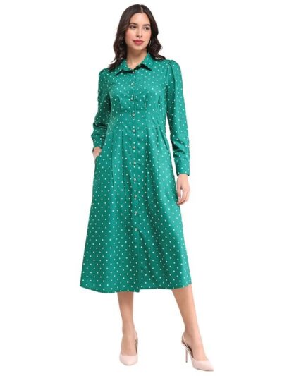 FableStreet Women's Button Down Shirt Dress - Green and Ecru