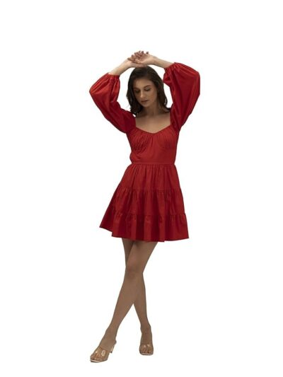 MYCLO Rose - Long Sleeve Mini Dress - Sweetheart Neckline, Long Balloon Sleeves Mini Dress for Women - Cotton - Perfect for Casual Wear