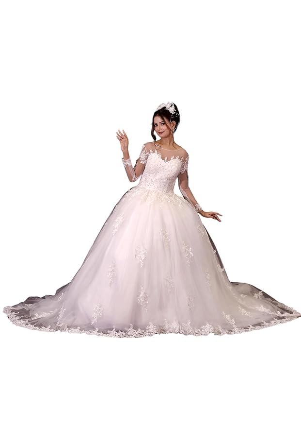 GOWNLINK White Full Stitched with Layers Christian Wedding Catholic Wedding White Train Gown Wedding Dress in White Frock Women with Sleeves HS621