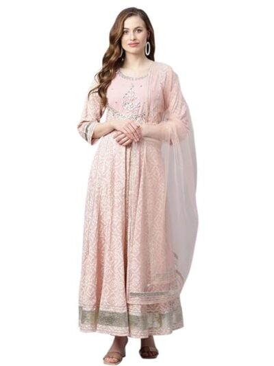 Divena Light Pink Cotton Anarkali Gown Pant set with Net Dupatta