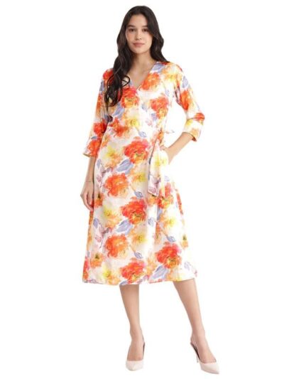 FableStreet Wrap Dress - Orange and Yellow