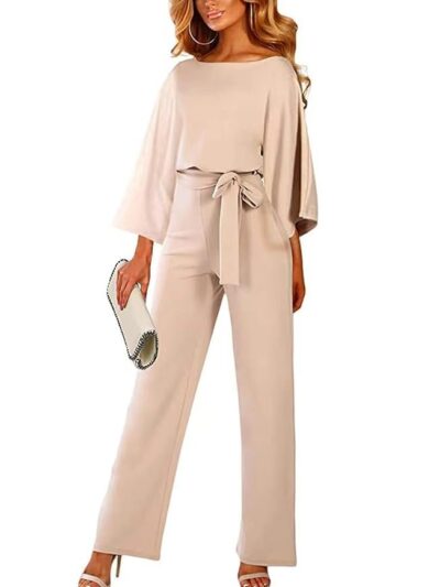 AIIYYQB Womens Summer Casual Short Sleeve Pants Suit Beach Vacation Romper Belted Dressy Wedding Guest Jumpsuit Jumper