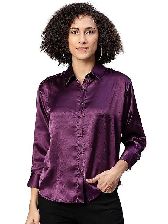 IVES Women's Setin 3/4 Sleeve Collared | A-Line Solid Regular Fit Shirt Top (Purple)