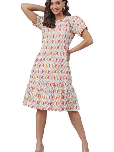 Janasya Women's Cotton Printed A-Line Western Knee-Length Dress