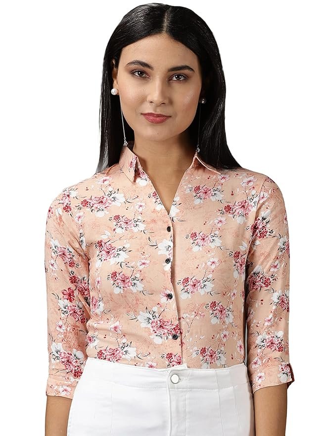 SHOWOFF Women's Spread Collar Printed Three-Quarter Sleeves Peach Shirt