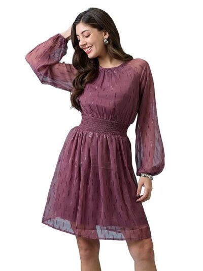 Globus Women Bishop Sleeves Self Design Georgette Sheen Smocked Mini Fit & Flare Party Dress