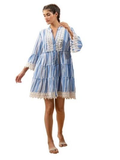 LABEL REYYA Midi Dress for Women V Neck Tiered Stripped Dress Flared Sleeve A Line Blue Strip Shirt Relaxed Fit Casual Dress for Girls