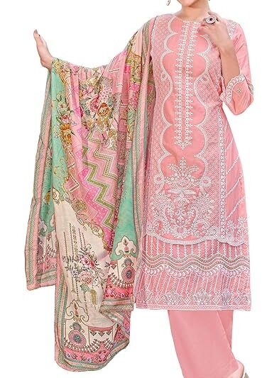 DRAVINAM Trends Women's Exquisite Unstitched Viscose Cambric Lawn Cotton Suit Dress Material with Embroidered Daman & Sleeves | Stylish Pure Cotton Digital Print Dupatta & Solid Bottoms