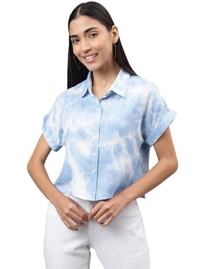Latin Quarters Women Blue Cap Sleeve Shirt Collar Dyed Top