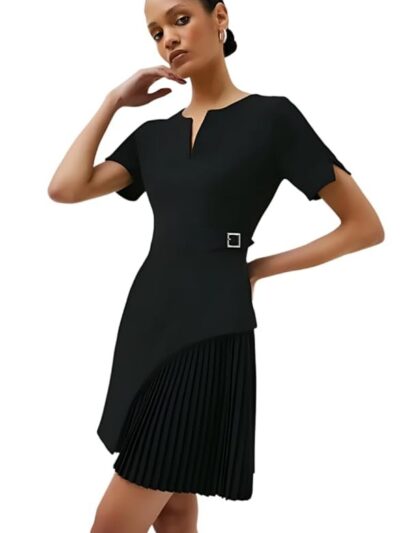POSE Black Side Pleat Dress for Women | V-Neck Design, Side Pleated Detail, Comfort Fit | Lightweight, Material | Elegant Formal Wear for Women – Ideal for Office & Professional Use