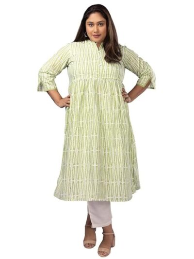 Sizeupp Women's White & Green Cotton Plus Size Printed Kurta |2XL - 8XL | Mandarin Collar | 3/4 Sleeve | Straight Fit | Comfortable & Stylish Kurta, Perfect for Casual and Ethnic Occasions