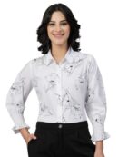 Style Quotient Women White and Black Floral Printed Polycrepe Regular Smart Casual Shirt