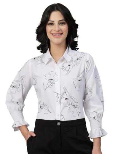 Style Quotient Women White and Black Floral Printed Polycrepe Regular Smart Casual Shirt