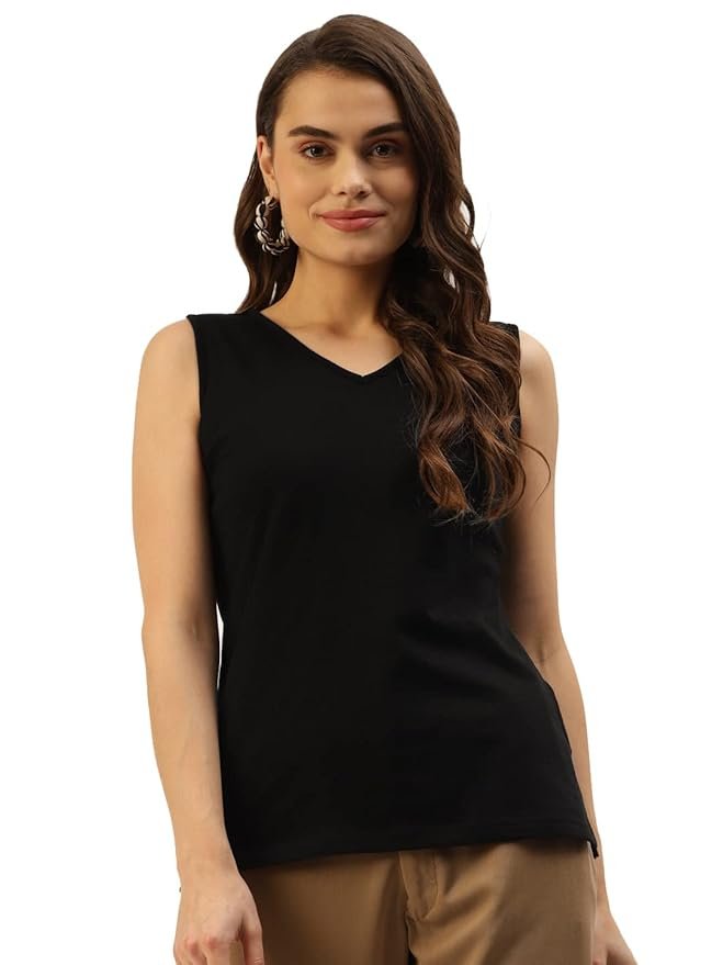 BRINNS Women Black Solid V- Neck Regular Sleeveless Top