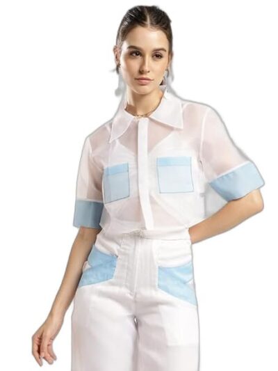 ELEGANTTI Women's Fashion Western Crystal Elegance Sheer Organza Short Shirt || Crop Top || Regular Fit V-Neck Sleeveless Top for Women Stylish Latest | Office Wear Tops for Women