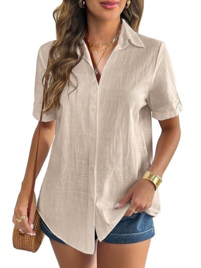Zeagoo Women Linen Button Down Shirt Rolled Cuffed Short Sleeve Blouse Ladies Summer Casual V Neck Beach Cotton Tops
