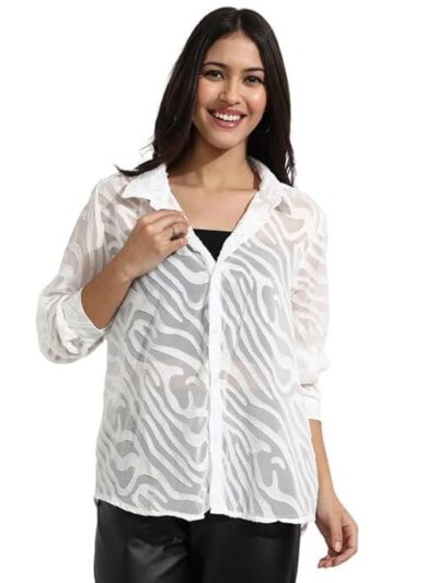 Campus Sutra Women's Off-White Contrast Geometric Shirt for Casual Wear | Spread Collar | Long Sleeves | Button Closure | Shirt Crafted with Comfort Fit for Everyday Wear