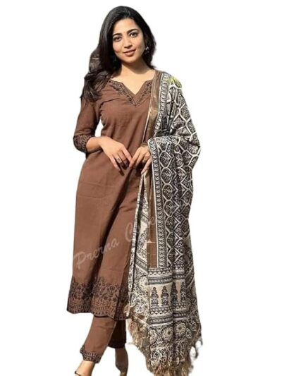 ROYAL ARTSY Women Pure Cotton Brown Kurti Pant Dupatta Set