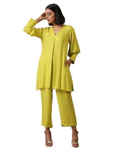 true Browns Women's Textured Cotton Cocktail V Neck Lime Green Solid Textured Co-Ord Set Dress (Lime Green)