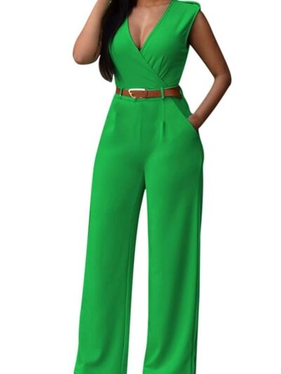 Pink Queen Women's Sleeveless V Neck Long Loose Belted Jumpsuits Rompers