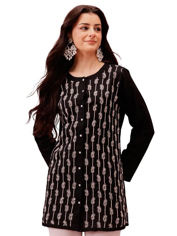 Ada Hand Embroidered Lucknowi Chikankari Cotton Straight Short Top Kurti Shirt for Women A911488