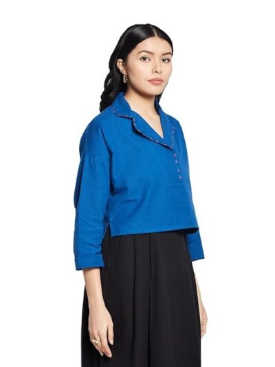 Fabindia Women Cotton Linen Blue Solid Lapel Collar Slim Fit Top