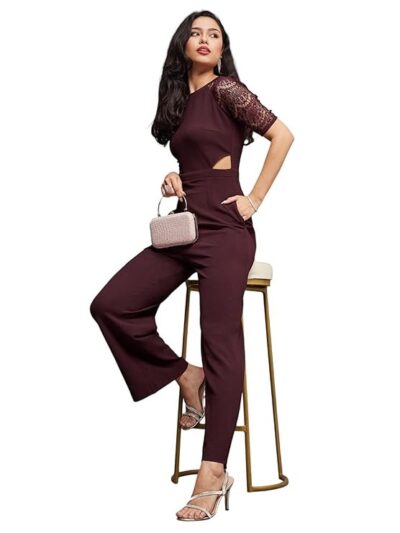 Miss Chase Women's Half Sleeve Solid Waist Cut-Out Regular Length Pocketed Jumpsuit
