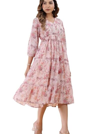 Janasya Women's Pink Georgette Floral Printed Tiered Dress