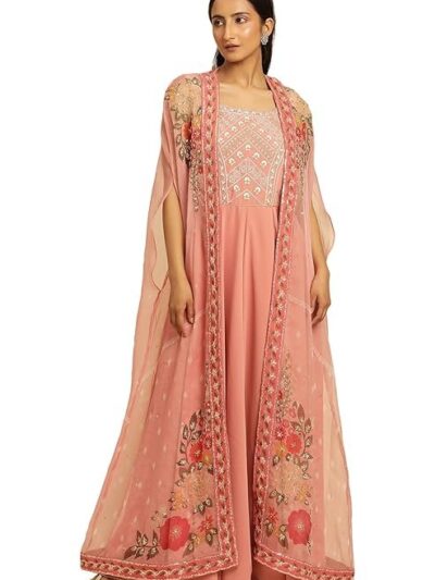 W for Woman Wishful Pink Festive Solid Print Organza Cape & Dress