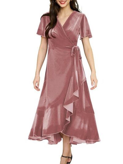 Olaesa Women's Velvet Maxi Dress Boho V Neck Wrap Dress for Wedding Guest Fall Maternity Formal Dress with Pockets