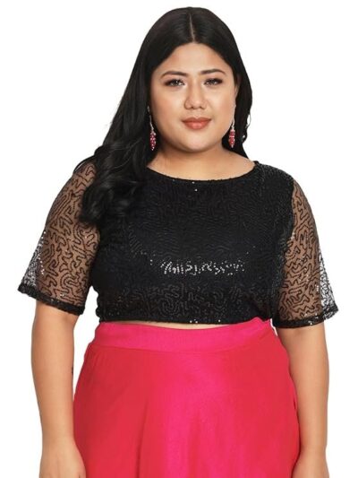 studio rasa Women's Plus Size Net Sequin Embroidered Sheer Sleeves Crop Top for Wedding Festive Party