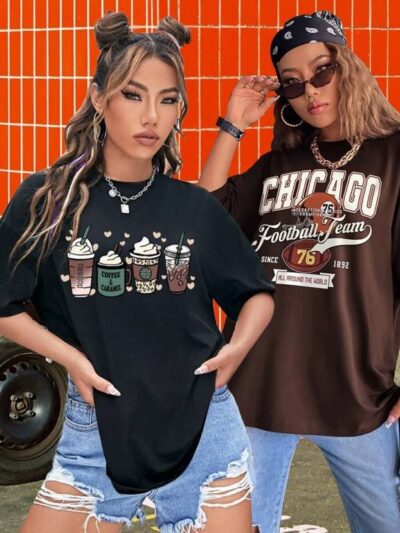 Pack of 2 Women Graphic Print Round Neck Pure Cotton Multicolor T-Shirt