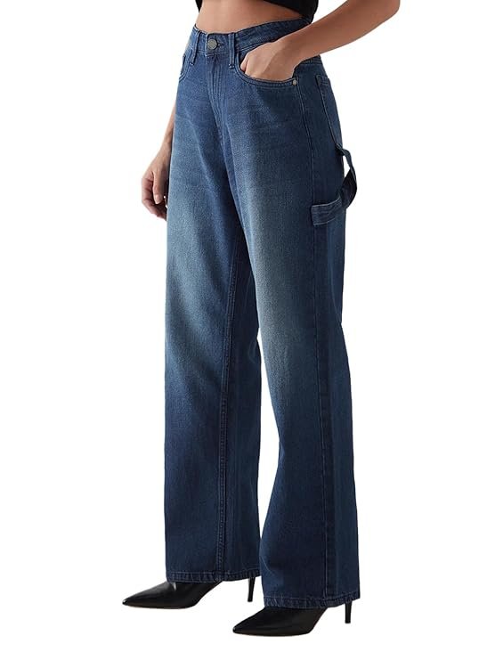 Bewakoof Women's 100% Cotton Solid Wide Leg Jeans|Wide Leg Jeans – Oversized Fit | Full Length | Relaxed Denim