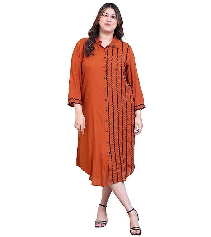 DEEBACO Solid Rayon Shirt Plus Size Dress for Women's|Shirt Collar 3/4 Sleeves Regular Fit Ankle Length Dress|Summer Western Party Casual Wear Dress for Ladies